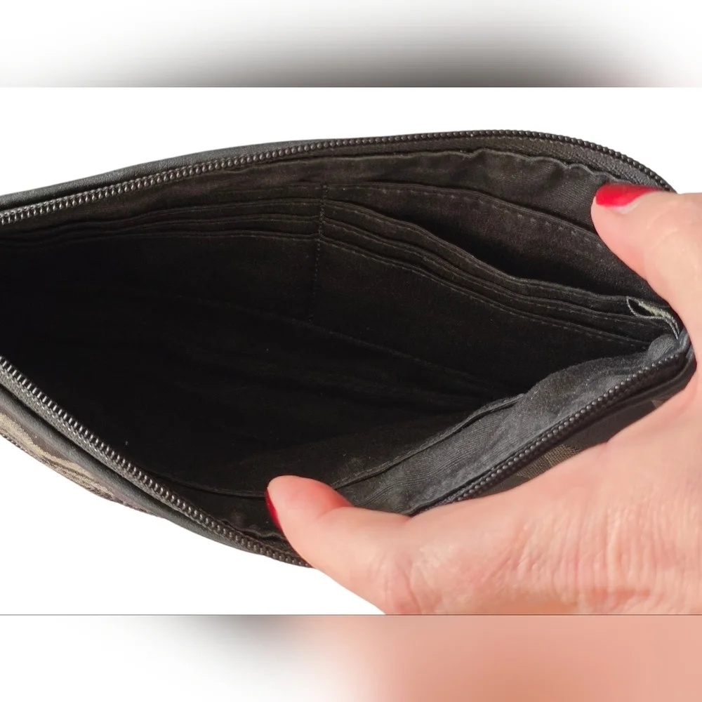 Coach Signature Sateen Pleated Black Gray Tan Wristlet